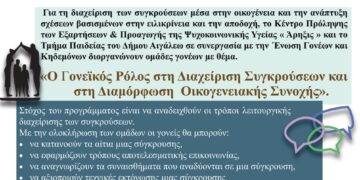 Διοργάνωση Ομάδων Γονέων με θέμα:«Ο γονεϊκός ρόλος στη διαχείριση συγκρούσεων και στη διαμόρφωση οικογενειακής συνοχής»